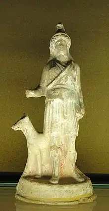 Bendis, Thracian goddess of the moon and the hunt, wearing a Phrygian cap. Tanagra-style terracotta figurine, c. 350 BCE.