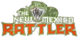 A script of the text "The New Mexico Rattler", with ascending letter size from "The", then "New Mexico", to "Rattler". "The New Mexico" is colored white with a green border, while the word "Rattler" features red text with a green outline. A green scaled rattlesnake is depicted between the words "New Mexico", mouth open with venomous features prominent.