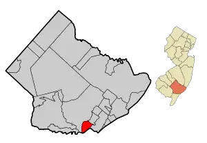 Map of Somers Point in Atlantic County. Inset: Location of Atlantic County highlighted in the State of New Jersey.