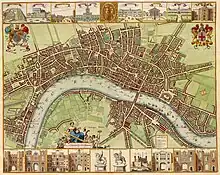 Map of London from Westminster to Wapping, with small pictures of London landmarks at the bottom