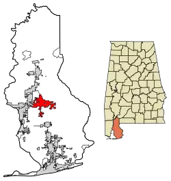 Location of Loxley in Baldwin County, Alabama.