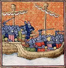 a colourful Medieval depiction of a naval battle, with men-at-arms engaging hand to hand