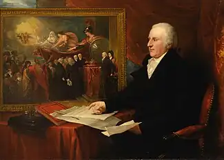John Eardley Wilmot, 1812, with a replica of the Reception of the American Loyalists in the background