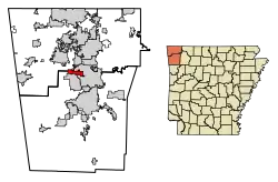 Location of Elm Springs in Benton County and Washington County, Arkansas