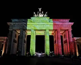The Brandenburg Gate lit up with the colors of the Belgian flag after the 2016 Brussels bombings