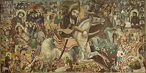 A painting depicting a rider stabbing a foot-soldier; various other scenes in the background