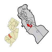 Location of Pine Hill in Camden County highlighted in red (right). Inset map: Location of Camden County in New Jersey highlighted in orange (left).