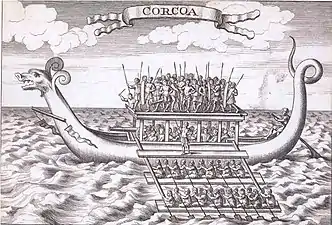18th-century engraving of a karakoa from The Discovery and Conquest of the Molucco and Philippine Islands (1711) by Bartolomé Leonardo de Argensola, showing two pairs of daramba on each side
