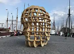 "Celestial", a 4 metres (13 ft) high, 1 ton plywood sculpture created by Carl Krull and installed at Elsinore Harbor (Denmark, 2018)