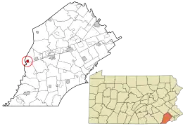 Location of Atglen in Chester County, Pennsylvania (left) and of Atglen in Pennsylvania (right)
