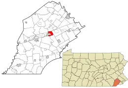 Location of East Caln Township in Chester County, Pennsylvania (top) and of Chester County in Pennsylvania (below)