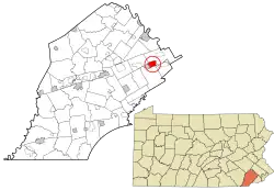 Location of Paoli in Chester County (top) and of Chester County in Pennsylvania (below)