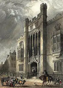 City of London School, Milk Street. Hand-coloured engraving by J. Woods and Hablot Knight Browne after a sketch by Robert Garland. Published 1838.