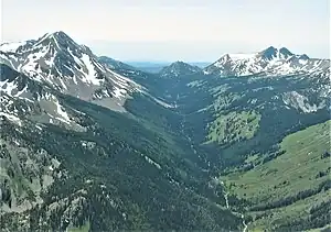 North aspects of Red Mountain (left) and Krag Peak (right).Cliff Creek valley centered