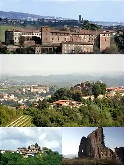 From above: Medieval Castle; the borough and castle of Primeglio with Passerano in the background; Schierano (lower left) and (right) remains of the castle of Marmorito.