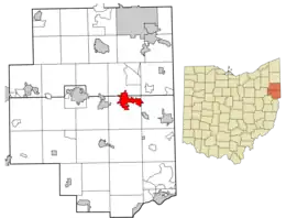 Location of Columbiana in Columbiana and Mahoning Counties and the State of Ohio