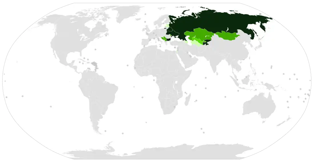 alt=Countries with widespread use of the Cyrillic script:
Sole official script
Co-official with another script (either because the official language is biscriptal, or the state is bilingual)
Being replaced with Latin, but is still in official use
Legacy script for the official language, or large minority use
Cyrillic is not widely used