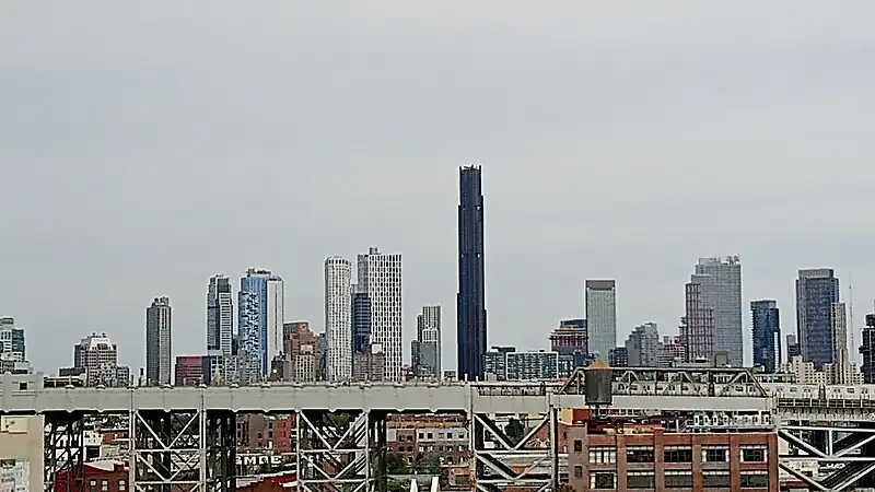 Vantage point of Downtown Brooklyn's skyline viewed from the Gowanus Canal looking east