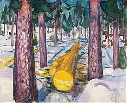 The Yellow Log, 1912, .mw-parser-output .frac{white-space:nowrap}.mw-parser-output .frac .num,.mw-parser-output .frac .den{font-size:80%;line-height:0;vertical-align:super}.mw-parser-output .frac .den{vertical-align:sub}.mw-parser-output .sr-only{border:0;clip:rect(0,0,0,0);clip-path:polygon(0px 0px,0px 0px,0px 0px);height:1px;margin:-1px;overflow:hidden;padding:0;position:absolute;width:1px}129.5 cm × 159.5 cm (51 in × 62+3⁄4 in), Munch Museum, Oslo