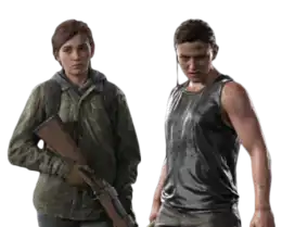 Gameplay screenshot of a young adult woman with brown hair. She has some snow on her and is wearing a hooded jacket and backpack and holding a rifle. Next to her is a woman in her early 20s with brown hair. She is wet and is wearing a grey sleeveless shirt.
