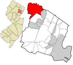 Location of Fairfield Township in Essex County highlighted in red (right). Inset map: Location of Essex County in New Jersey highlighted in orange (left).