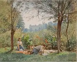 Vue animée de Pierrefonds avec deux lavandières au premier plan (1881)