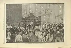 An etching of the scene of Miss Fanny Parnell’s funeral parade found in the periodical.  The scene shows the mourning carriage with mutes sitting atop of it walking behind soldiers with a crowd watching.