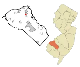 Location of Oak Valley in Gloucester County highlighted in red (left). Inset map: Location of Gloucester County in New Jersey highlighted in orange (right).