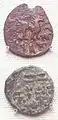 Gurgamoya coin. Obverse in Kharoshthi: "Of the great king king of Khotan Gurgamoya". Reverse in Chinese: "6 grains coin".