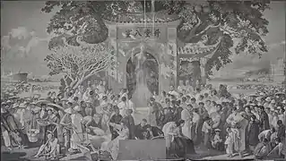Tam quan in decorative painting at Indochina University lecture hall, Hanoi