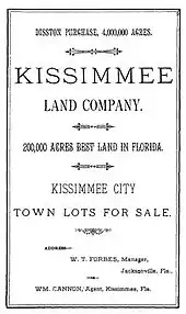 A black and white image of a land sale notice announcing 4 million acres (16,000 km2) purchased by Hamilton Disston; 20,000 acres (81 km2) are up for sale, specifically featuring town lots for sale