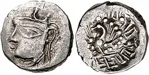 Coin of Harshavardhana, c. 606–647 CE. Obverse: portrait of Harshavardhana with a crescent over the head. Reverse: Fan-tailed Garuda standing facing. of Pushyabhuti dynasty