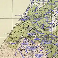 En Nabi Hsein can be seen in the grounds of the Barzilai Medical Center; this image overlays the modern Israeli city of Ashkelon (blue) on a 1940s Survey of Palestine map
