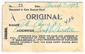 A vintage safe deposit slip from the Hotel Pennsylvania in Philadelphia.