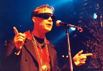 Iain Williams on stage at the Hippodrome during Big Bang's Arabic Circus Tour, 1989