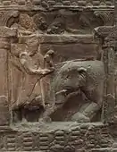 Nalagiri subdued, rear of a pillar with the Bhuteswar Yakshis, 2nd century.