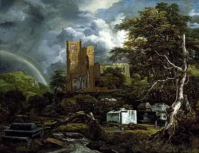 Jacob Isaaksz. van Ruisdael, The Jewish Cemetery (1655–60, oil on canvas, 141 x 182.9 cm). The tree in the right-foreground of Ruisdael's painting is an example of repoussoir that pushes the viewer's eye into the composition.