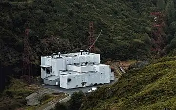 Transmitter building.  From the two bushings on the roof cables supply power to two feed buses which extend both directions along the valley, connected to the overhead antenna wires.