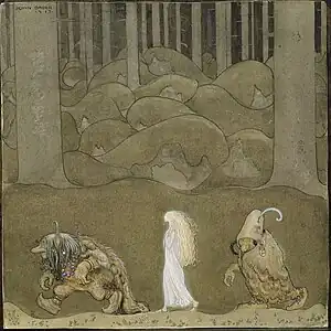 Image 1The Princess and the TrollsIllustration: John BauerThe Princess and the Trolls, by John Bauer (1882–1918), was painted as an illustration for "The Changeling", a short story by Helena Nyblom. A watercolour held by the Nationalmuseum in Stockholm, it was first published in the 1913 edition of the anthology Among Gnomes and Trolls.  It shows the princess Bianca Maria between two trolls in a forest. Bauer's illustrations of fairy tales and children's stories made him a household name in his native Sweden, and shaped perceptions of many fairy tale characters.More selected pictures