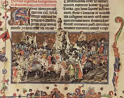The Huns, considered by the chronicle to be the ancestors of the Hungarians arrive in Pannonia from Scythia at the first time, a Turul flag protruding from the frame of the picture (Chronicon Pictum, 1358)