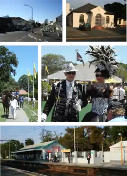 Top left: A view down the section of Main Road that runs through Kenilworth. Top right: Saint James Church. Centre left & right: Images from the J&B Met. Bottom: Kenilworth Station