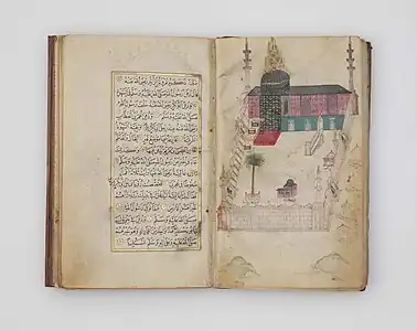 a book opened to an illustration of a building