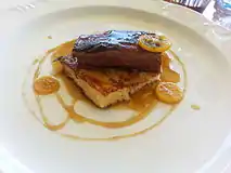 French toast and pork belly served with beer jam