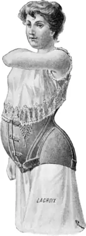 An illustration of a woman wearing a corset over a shift. The corset has a section which accommodates her pregnancy.