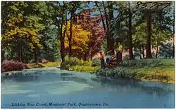 image of a postcard depicting Licking Run Creek, Memorial Park, Quakertown, Pa.
