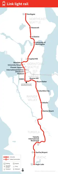A map depicting the route of the 1 Line through Seattle, with stations marked and labeled.