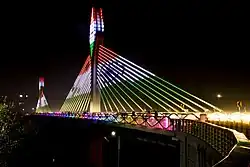 Durgam Cheruvu bridge illuminated at night