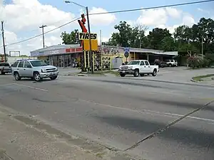 View is NW at Long Point Road and Lynnview. Long Point Fault passes left-right across the photo center.