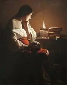 An oil painting of a pensive woman watching a candle, holding a skull