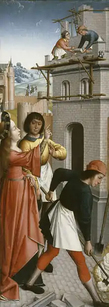St Barbara Directing the Construction of a Third Window in Her Tower, by the Master of the Joseph Sequence.
